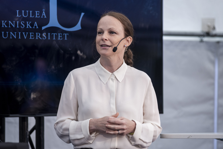 Kajsa Ryttberg-Wallgren, head of the hydrogen business unit, H2 Green Steel, speaks at Norra Scen.