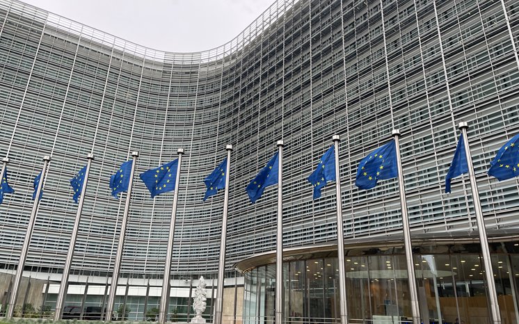 Bild med EU-kommissionens fasad med EU-flaggor framför.