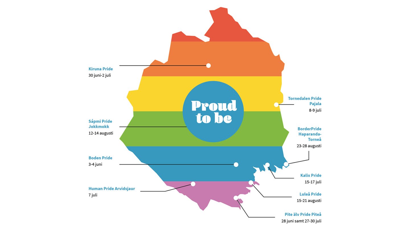 Pridekarta Norrbotten med orter och datum.