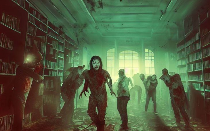 Tecknade zombies i ett spöklikt bibliotek.