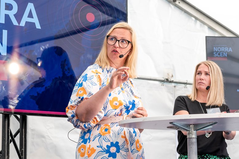 Carina Sammeli, kommunstyrelsens ordförande, Luleå kommun, talar medan Lena Segerlund, vd, Invest in Norrbotten, hör på.