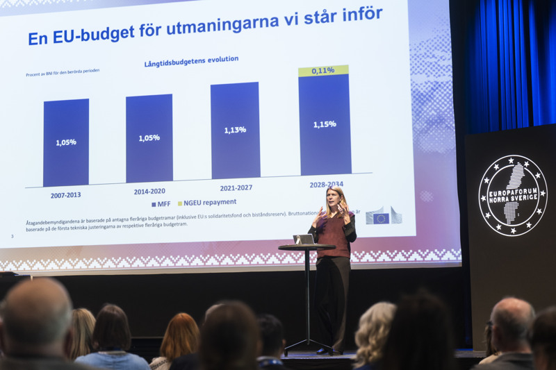 Annika Wäppling Korzinek står i talarstolen framför en skärm där det står "En EU-budget för utmaningarna vi står inför".
