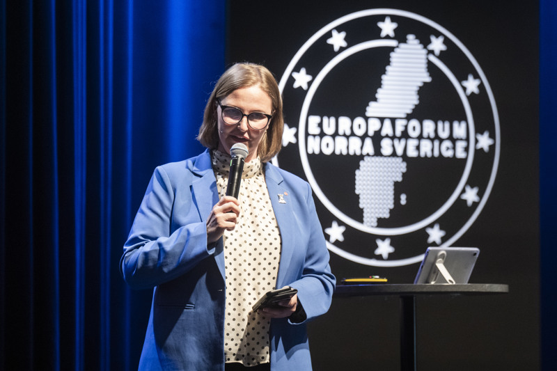 Carina Sammeli talar framför skärm med Europaforum Norra Sveriges logotyp.