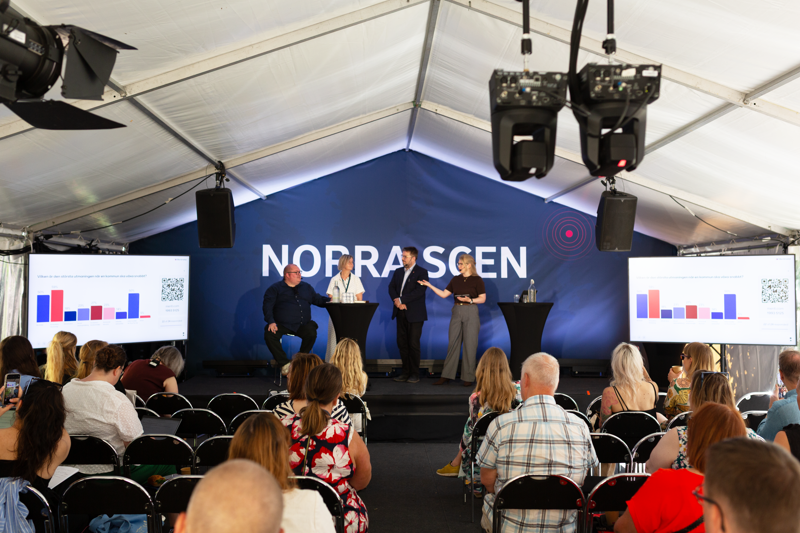 Bild från tältet Norra Scen i Visby under Almedalsveckan, med publik och talare på scen.