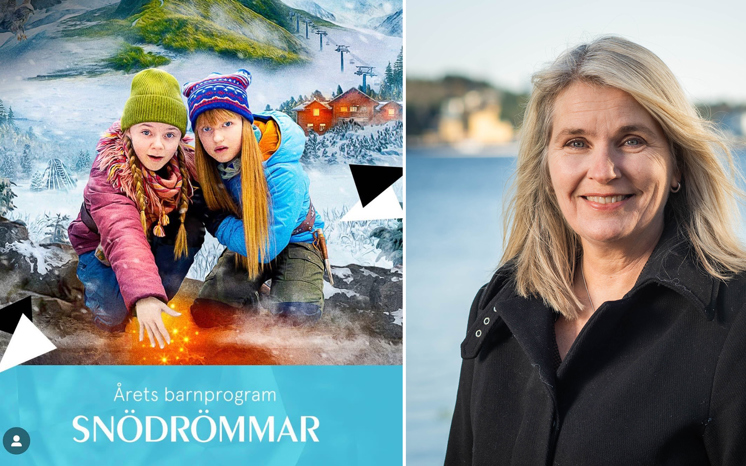 Pressbild från Snödrömmar med texten Årets barnprogram samt porträttbild av Sandra Warg.